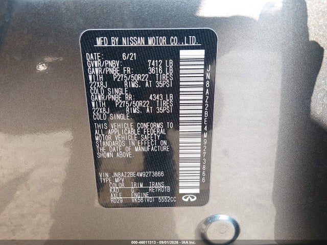 2021 Infiniti Qx80 Sensory Awd მანქანა იყიდება აუქციონზე, vin: JN8AZ2BE4M9273866, აუქციონის ნომერი: 46011313
