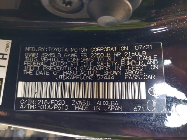 Aukcja sprzedaży 2022 Toyota Prius Le, vin: JTDKAMFU0N3157444, numer aukcji: 46011321