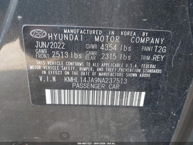 Продаж на аукціоні авто 2022 Hyundai Sonata Sel, vin: KMHL14JA9NA237513, номер лоту: 46011327