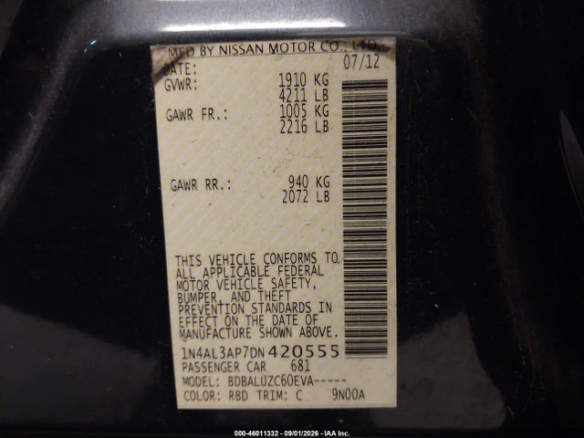 46011332 :رقم المزاد ، 1N4AL3AP7DN420555 vin ، 2013 Nissan Altima 2.5 Sv مزاد بيع