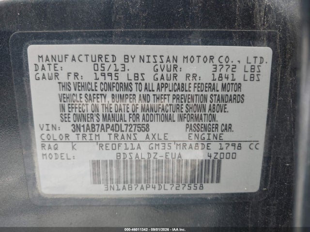 46011342 :رقم المزاد ، 3N1AB7AP4DL727558 vin ، 2013 Nissan Sentra Sv مزاد بيع