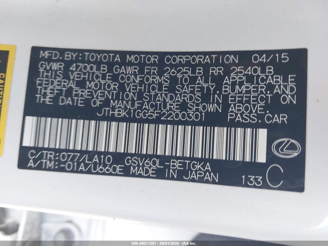 Продажа на аукционе авто 2015 Lexus Es 350, vin: JTHBK1GG5F2200301, номер лота: 46011351