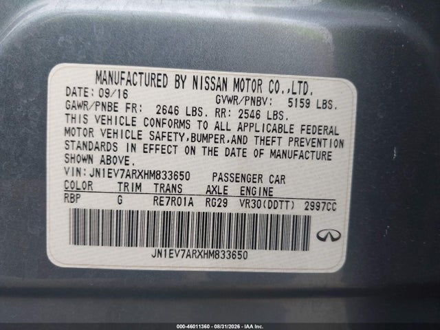 Aukcja sprzedaży 2017 Infiniti Q50 3.0t Premium, vin: JN1EV7ARXHM833650, numer aukcji: 46011360