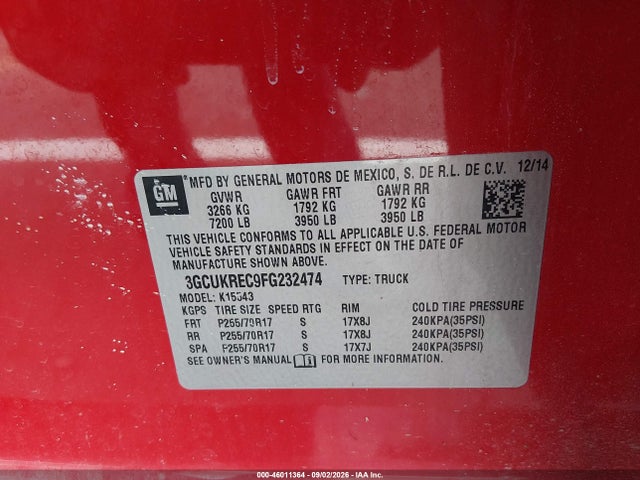 Продажа на аукционе авто 2015 Chevrolet Silverado 1500 Lt, vin: 3GCUKREC9FG232474, номер лота: 46011364