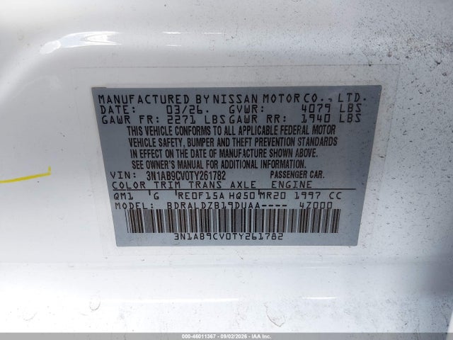 Aukcja sprzedaży 2026 Nissan Sentra Sv, vin: 3N1AB9CV0TY261782, numer aukcji: 46011367