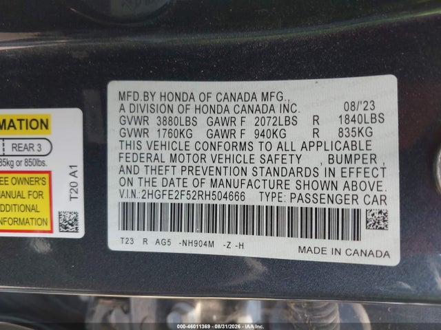 2024 Honda Civic Sport მანქანა იყიდება აუქციონზე, vin: 2HGFE2F52RH504666, აუქციონის ნომერი: 46011369