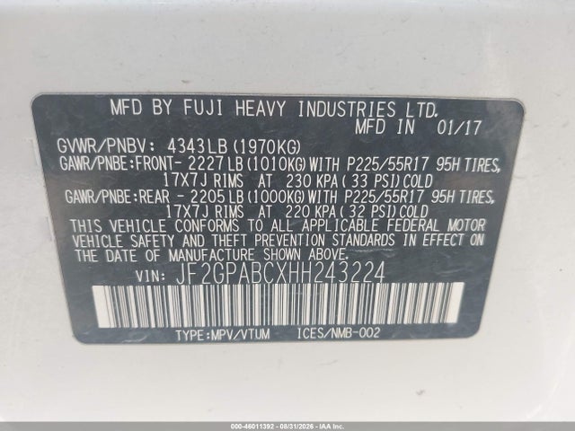 Aukcja sprzedaży 2017 Subaru Crosstrek 2.0i Premium, vin: JF2GPABCXHH243224, numer aukcji: 46011392