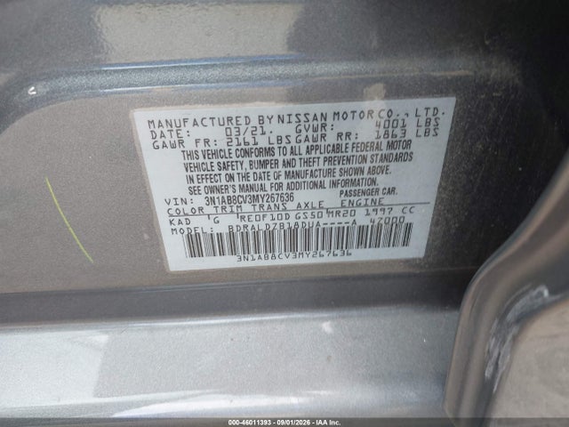 2021 Nissan Sentra Sv Xtronic Cvt მანქანა იყიდება აუქციონზე, vin: 3N1AB8CV3MY267636, აუქციონის ნომერი: 46011393