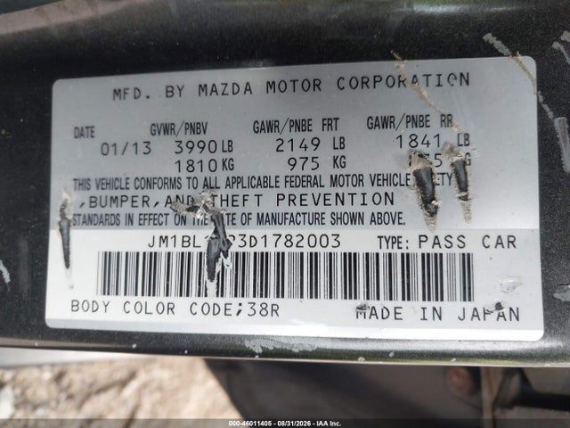 Aukcja sprzedaży 2013 Mazda Mazda3 I Touring, vin: JM1BL1LP3D1782003, numer aukcji: 46011405