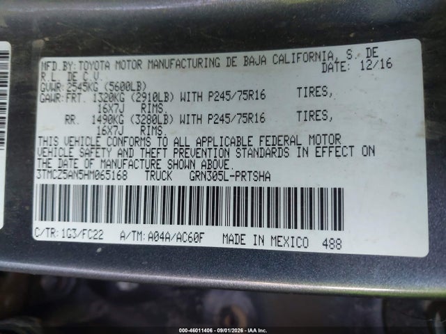 46011406 :رقم المزاد ، 3TMCZ5AN5HM065168 vin ، 2017 Toyota Tacoma Sr5 V6 مزاد بيع