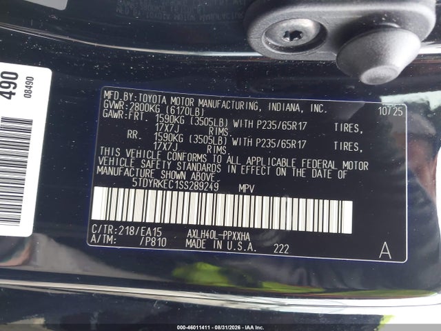 46011411 :رقم المزاد ، 5TDYRKEC1SS289249 vin ، 2025 Toyota Sienna Xle مزاد بيع