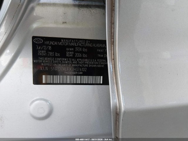 Aukcja sprzedaży 2018 Hyundai Elantra Se, vin: 5NPD74LFXJH376102, numer aukcji: 46011417