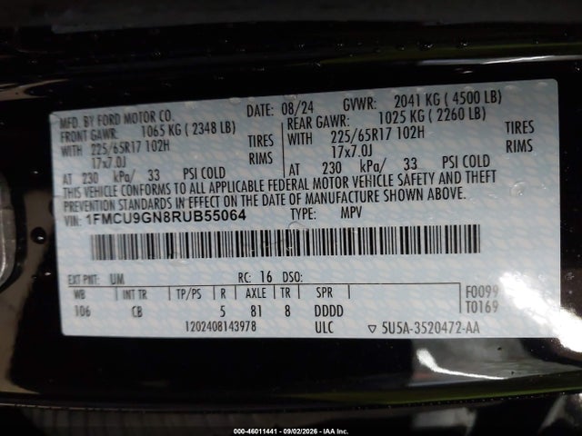 46011441 :رقم المزاد ، 1FMCU9GN8RUB55064 vin ، 2024 Ford Escape Active مزاد بيع