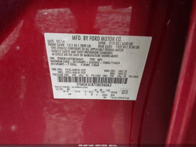 46011445 :رقم المزاد ، 2FMGK5C87EBD26063 vin ، 2014 Ford Flex Sel مزاد بيع