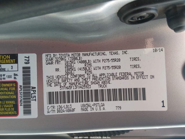 Продажа на аукционе авто 2015 Toyota Tundra Limited 5.7l V8, vin: 5TFHW5F13FX425923, номер лота: 46011450