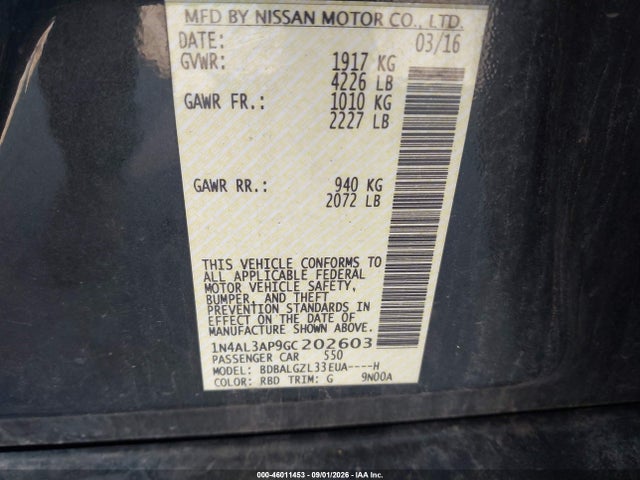 46011453 :رقم المزاد ، 1N4AL3AP9GC202603 vin ، 2016 Nissan Altima 2.5 S مزاد بيع
