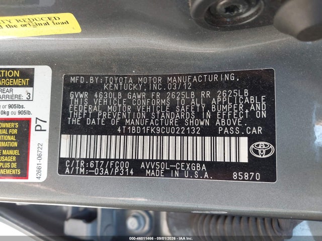 2012 Toyota Camry Hybrid Xle მანქანა იყიდება აუქციონზე, vin: 4T1BD1FK9CU022132, აუქციონის ნომერი: 46011466
