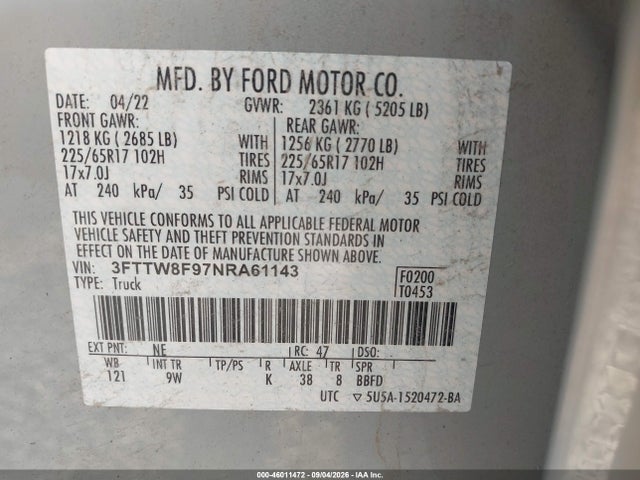 Aukcja sprzedaży 2022 Ford Maverick Xl, vin: 3FTTW8F97NRA61143, numer aukcji: 46011472