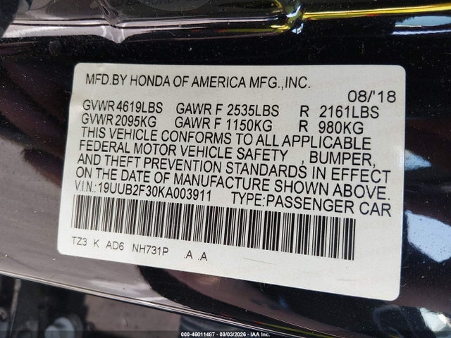 2019 Acura Tlx Standard მანქანა იყიდება აუქციონზე, vin: 19UUB2F30KA003911, აუქციონის ნომერი: 46011487