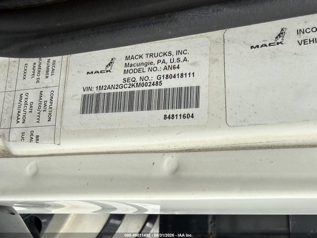 Продаж на аукціоні авто 2019 Mack Anthem, vin: 1M2AN2GC2KM002485, номер лоту: 46011495