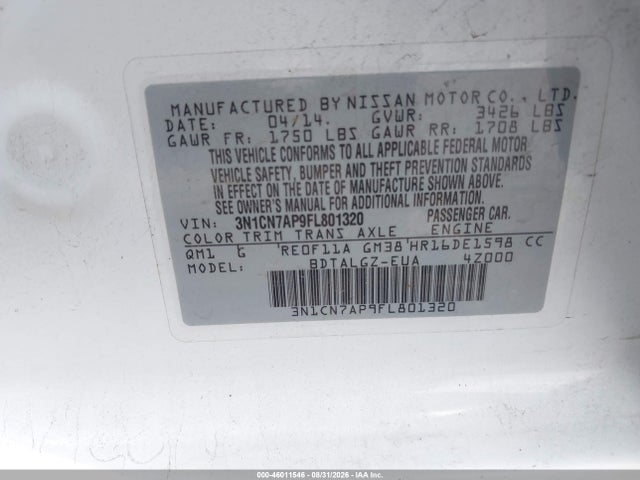 Auction sale of the 2015 Nissan Versa 1.6 Sl, vin: 3N1CN7AP9FL801320, lot number: 46011546