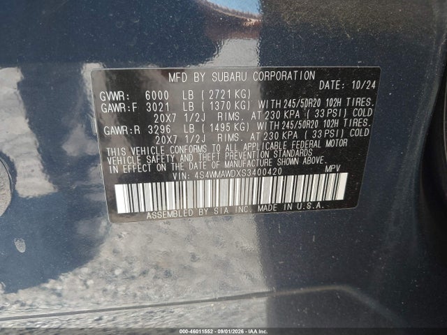 Продаж на аукціоні авто 2025 Subaru Ascent Onyx Edition Limited 7-passenger, vin: 4S4WMAWDXS3400420, номер лоту: 46011552