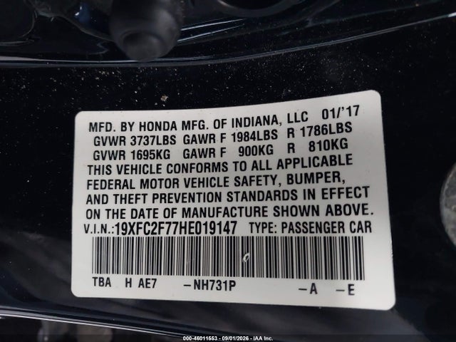 Продажа на аукционе авто 2017 Honda Civic Ex, vin: 19XFC2F77HE019147, номер лота: 46011553