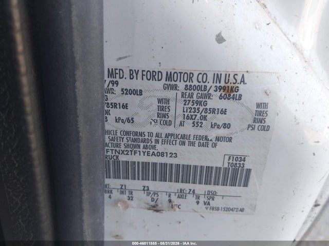 Auction sale of the 2000 Ford F-250 Lariat/xl/xlt, vin: 1FTNX21F1YEA08123, lot number: 46011555