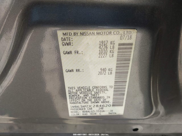 Продажа на аукционе авто 2018 Nissan Altima 2.5 S, vin: 1N4AL3AP2JC284620, номер лота: 46011561