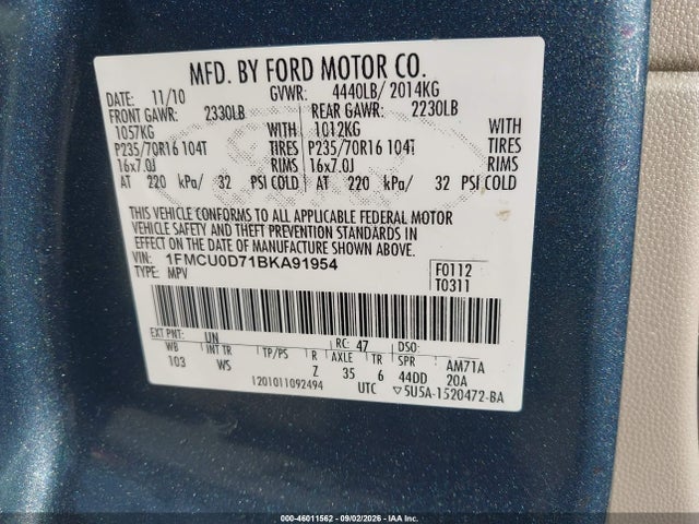 46011562 :رقم المزاد ، 1FMCU0D71BKA91954 vin ، 2011 Ford Escape Xlt مزاد بيع