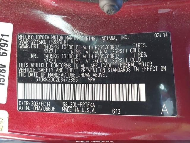 5TDKK3DC2ES473895 Toyota Sienna Le V6 8 Passenger