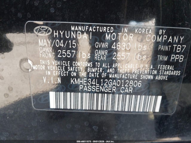46011575 :رقم المزاد ، KMHE34L12GA012806 vin ، 2016 Hyundai Sonata Hybrid Limited مزاد بيع