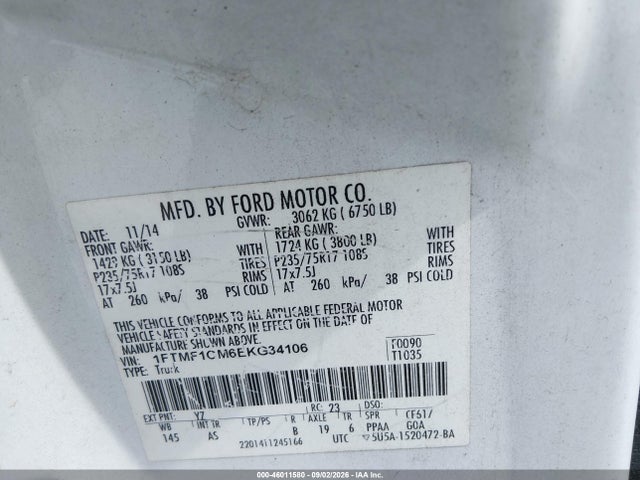 Продаж на аукціоні авто 2014 Ford F-150 Xl, vin: 1FTMF1CM6EKG34106, номер лоту: 46011580