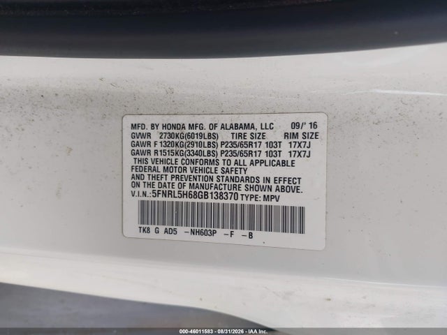 Продажа на аукционе авто 2016 Honda Odyssey Ex-l, vin: 5FNRL5H68GB138370, номер лота: 46011583