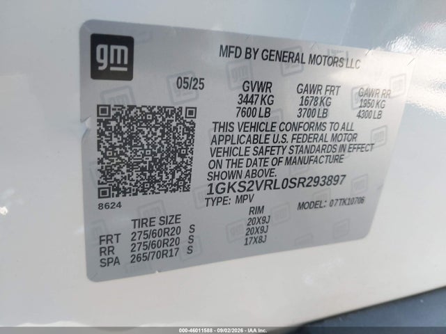 2025 Gmc Yukon 4wd At4 Ultimate მანქანა იყიდება აუქციონზე, vin: 1GKS2VRL0SR293897, აუქციონის ნომერი: 46011588