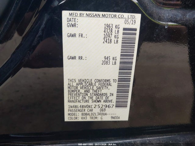 2019 Nissan Altima 2.5 S მანქანა იყიდება აუქციონზე, vin: 1N4BL4BV0KC252967, აუქციონის ნომერი: 46011593