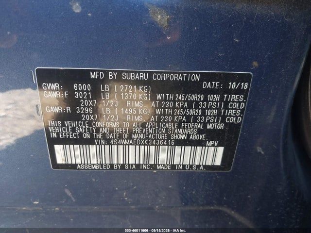 46011606 :رقم المزاد ، 4S4WMAEDXK3436416 vin ، 2019 Subaru Ascent Premium مزاد بيع