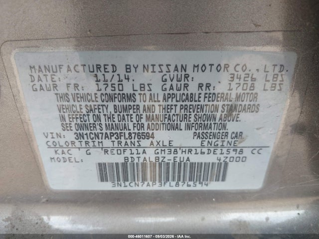 46011607 :رقم المزاد ، 3N1CN7AP3FL876594 vin ، 2015 Nissan Versa 1.6 Sv مزاد بيع
