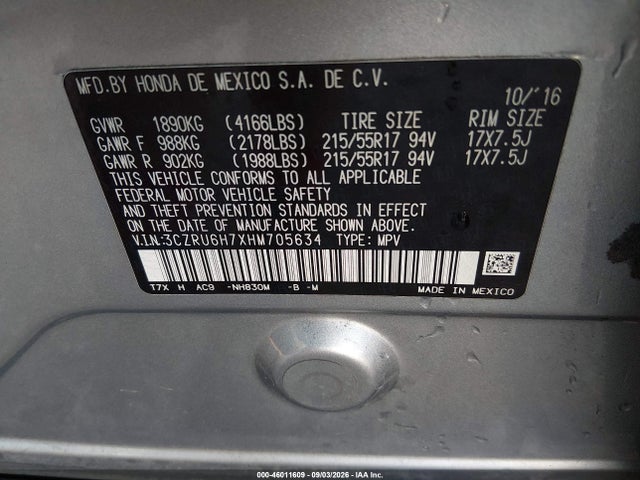 Aukcja sprzedaży 2017 Honda Hr-v Ex-l, vin: 3CZRU6H7XHM705634, numer aukcji: 46011609