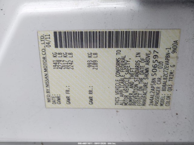 Продажа на аукционе авто 2011 Nissan Altima 2.5 S, vin: 1N4AL2AP5BN506597, номер лота: 46011611