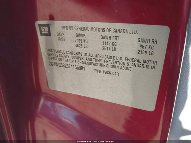 2007 Buick Lacrosse Cx მანქანა იყიდება აუქციონზე, vin: 2G4WC582371155981, აუქციონის ნომერი: 46011618
