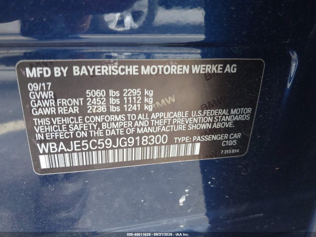 Aukcja sprzedaży 2018 Bmw 540i, vin: WBAJE5C59JG918300, numer aukcji: 46011628