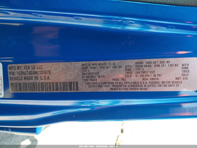 46011629 :رقم المزاد ، 1C6HJTAG9NL131678 vin ، 2022 Jeep Gladiator Sport S 4x4 مزاد بيع