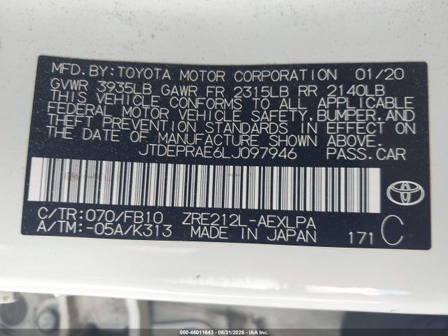 JTDEPRAE6LJ097946 Toyota COROLLA LE