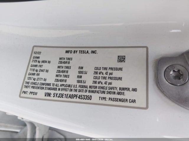 46011645 :رقم المزاد ، 5YJ3E1EA8PF453350 vin ، 2023 Tesla Model 3 Rear-wheel Drive مزاد بيع