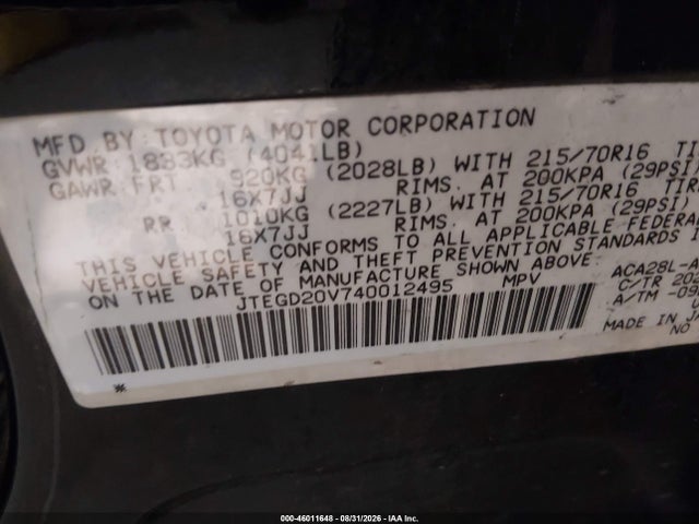 46011648 :رقم المزاد ، JTEGD20V740012495 vin ، 2004 Toyota Rav4 مزاد بيع