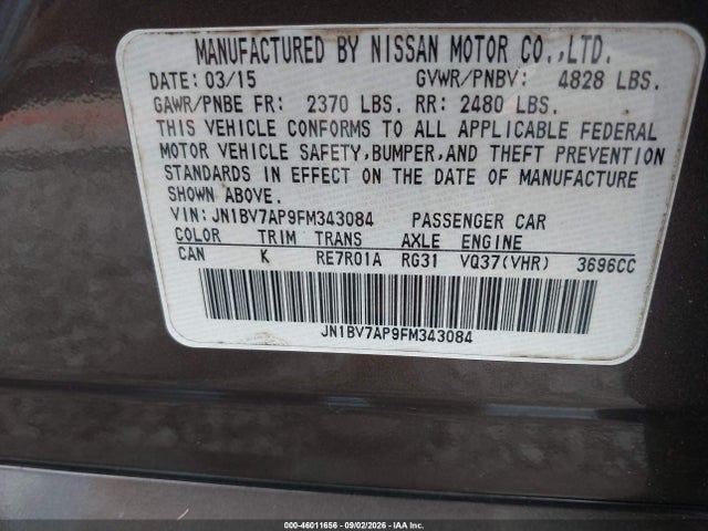 Aukcja sprzedaży 2015 Infiniti Q50 Premium/sport, vin: JN1BV7AP9FM343084, numer aukcji: 46011656