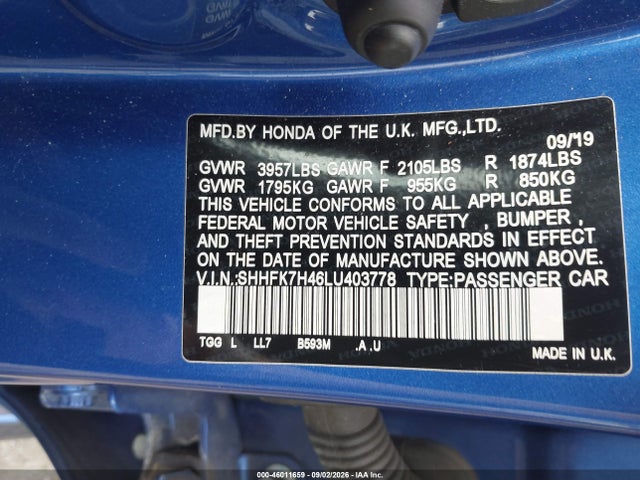 Продаж на аукціоні авто 2020 Honda Civic Sport, vin: SHHFK7H46LU403778, номер лоту: 46011659