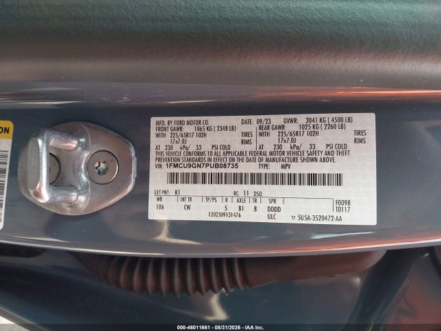 2023 Ford Escape Active მანქანა იყიდება აუქციონზე, vin: 1FMCU9GN7PUB08735, აუქციონის ნომერი: 46011661