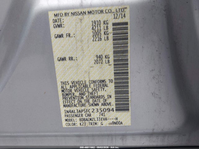 2015 Nissan Altima 2.5 Sv მანქანა იყიდება აუქციონზე, vin: 1N4AL3AP5FC235094, აუქციონის ნომერი: 46011662